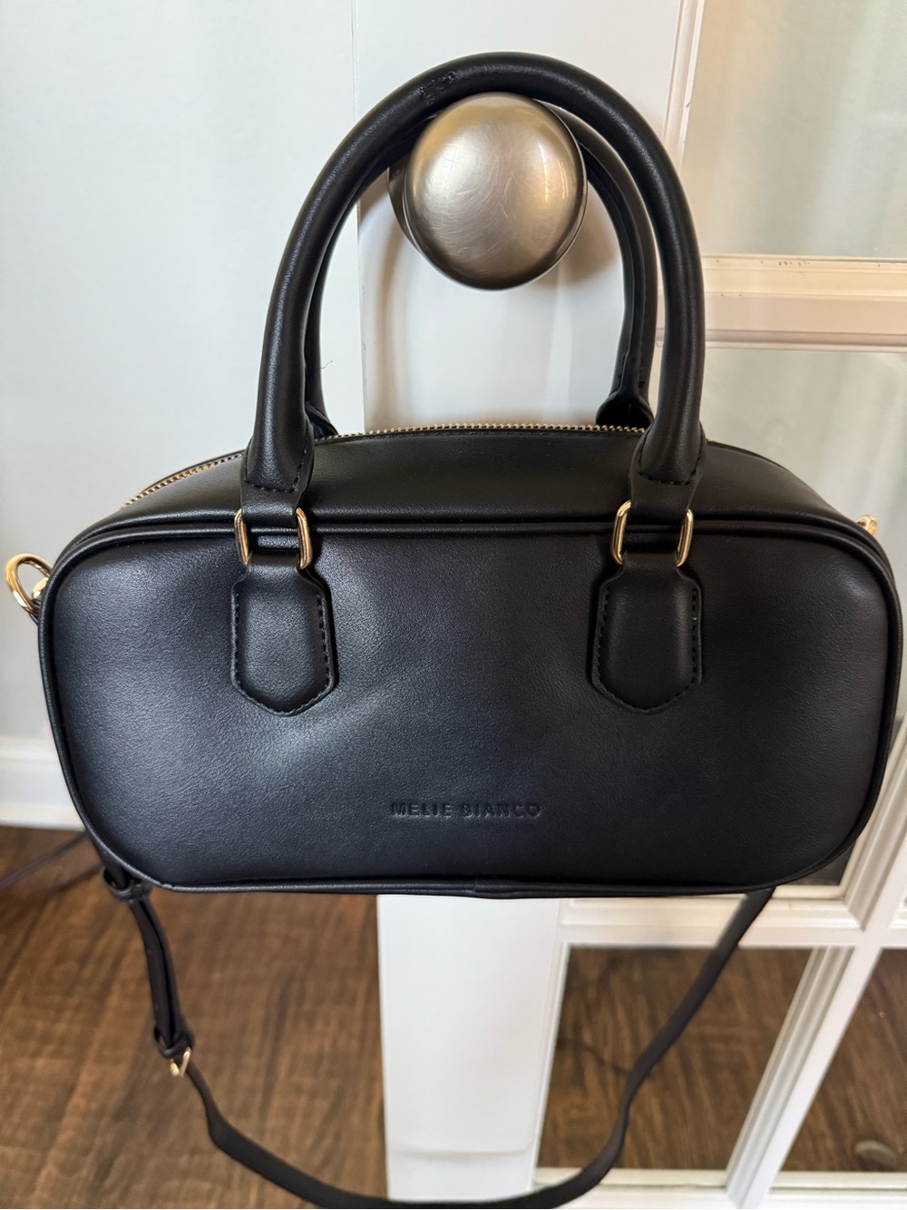 Melie Bianco Black Leather Barrel Crossbody Bag